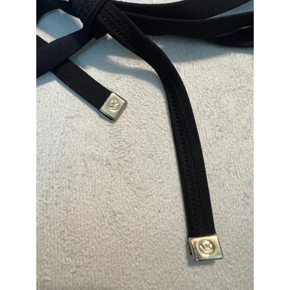 Michael Kors Womens Black Ruffle V-Neck Halter Tankini Swim Top Small MK Logo - Picture 3 of 11